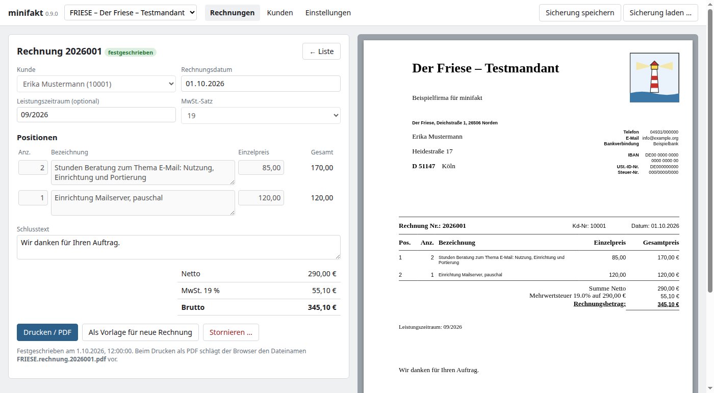 minifakt am PC: links die Eingabe einer Rechnung mit Kunde, Datum und Positionen, rechts die A4-Vorschau der fertigen Rechnung